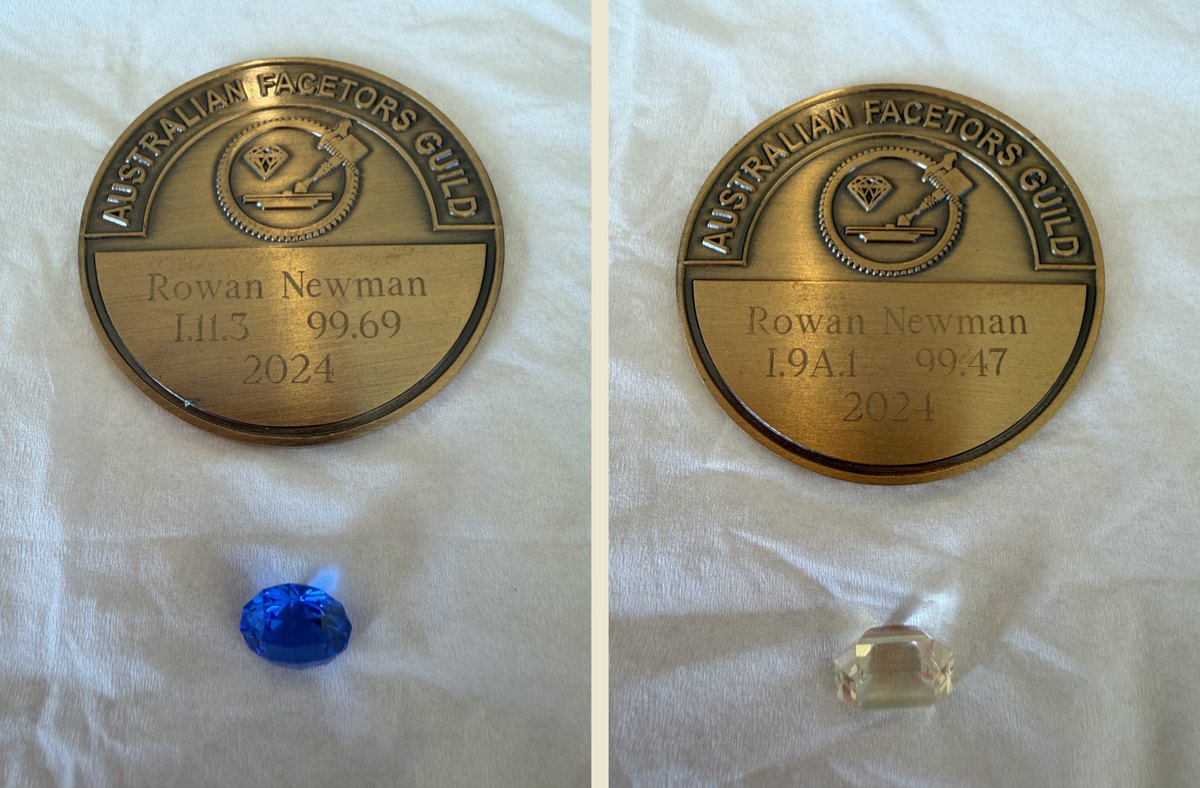 Rowan Newman's two 2024 Australian Facetors Guild first-place medals with their cut stones — scoring 99.69 and 99.47 out of 100 in the Intermediate division