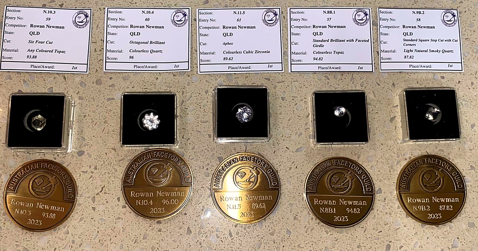 Rowan Newman's five first-place awards at the 2023 Australian Facetors Guild competition — judge's score cards, the cut stones and engraved medals